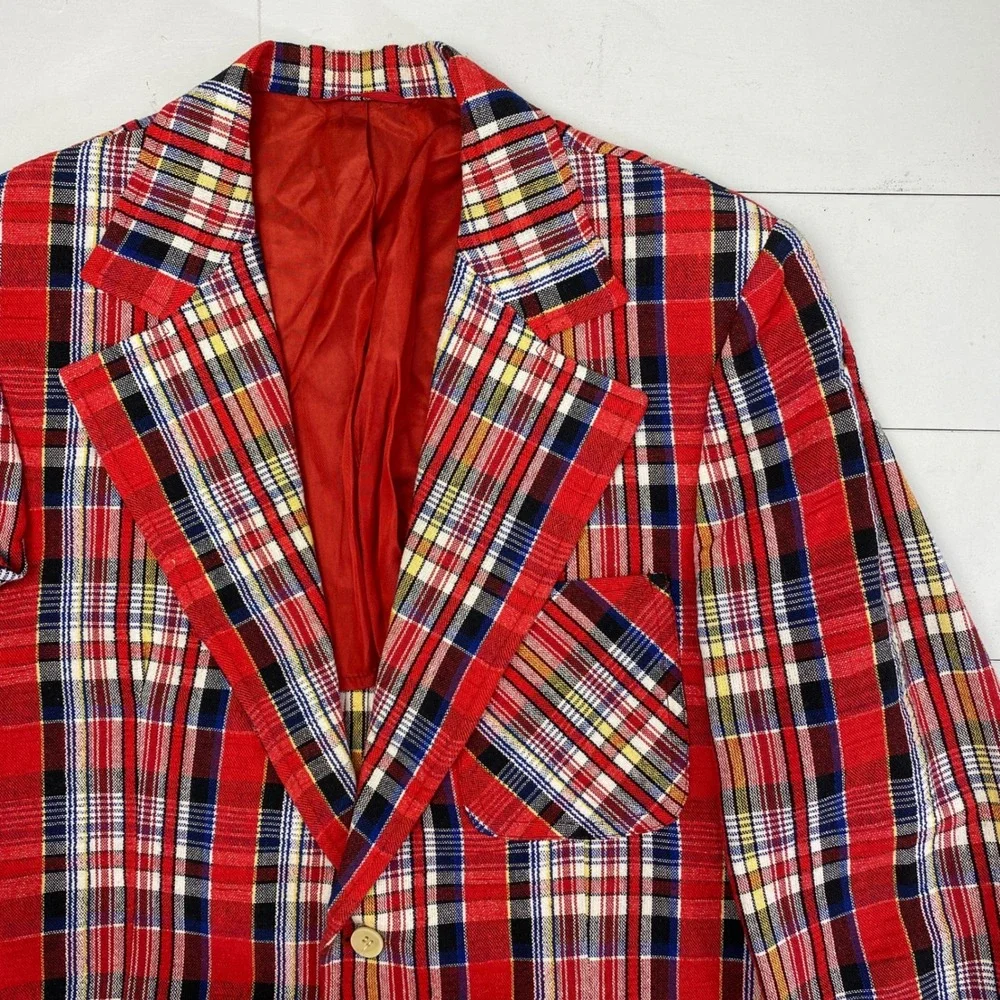 Vintage 70s Johnny Carson Red Tartan Plaid Sport Coat Blazer Mens 40R Mod